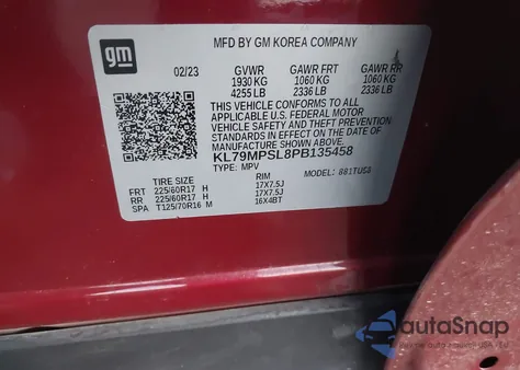 2023 Chevrolet Trailblazer Fwd Lt z USA, uszkodzony, nr VIN KL79MPSL8PB135458